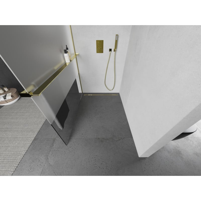 Mexen Kioto+ paroi de douche avec étagère Walk-in 70 x 200 cm, transparent/givre, or - 800-070-121-50-35
