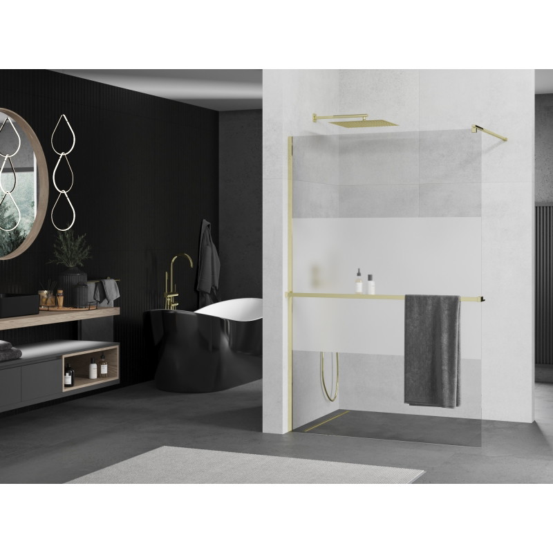 Mexen Kioto+ paroi de douche avec étagère Walk-in 90 x 200 cm, transparent/verre dépoli, or - 800-090-121-50-35