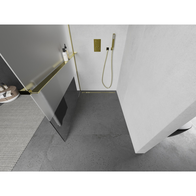 Mexen Kioto+ paroi de douche avec étagère Walk-in 100 x 200 cm, transparent/givre, or - 800-100-121-50-35
