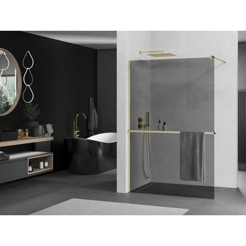 Mexen Kioto+ paroi de douche avec étagère Walk-in 80 x 200 cm, graphite, or - 800-080-121-50-40