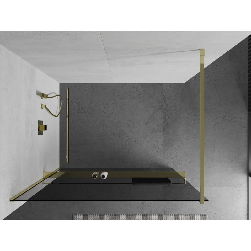 Mexen Kioto+ paroi de douche avec étagère Walk-in 90 x 200 cm, graphite, or - 800-090-121-50-40