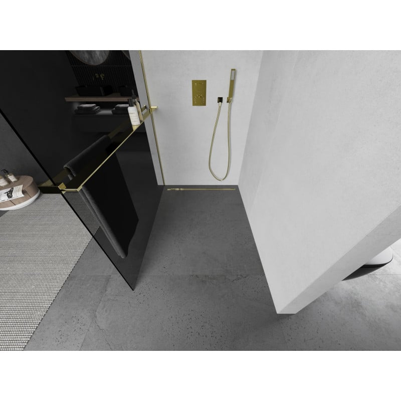 Mexen Kioto+ panneau de douche avec étagère Walk-in 100 x 200 cm, graphite, or - 800-100-121-50-40