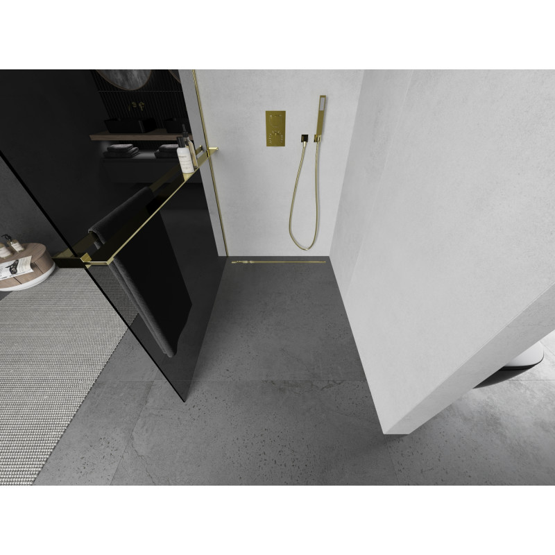 Mexen Kioto+ paroi de douche avec étagère Walk-in 110 x 200 cm, graphite, or - 800-110-121-50-40
