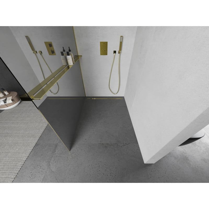 Mexen Kioto+ paroi de douche avec étagère Walk-in 120 x 200 cm, miroir, doré - 800-120-121-50-50