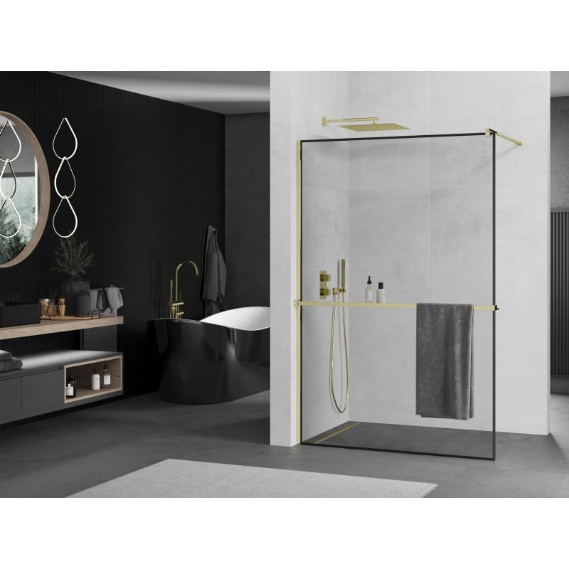 Mexen Kioto+ paroi de douche avec étagère Walk-in 100 x 200 cm, cadre noir, doré - 800-100-121-50-70