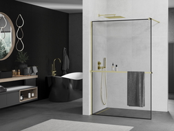 Mexen Kioto+ paroi de douche avec étagère Walk-in 100 x 200 cm, motif noir, doré - 800-100-121-50-70