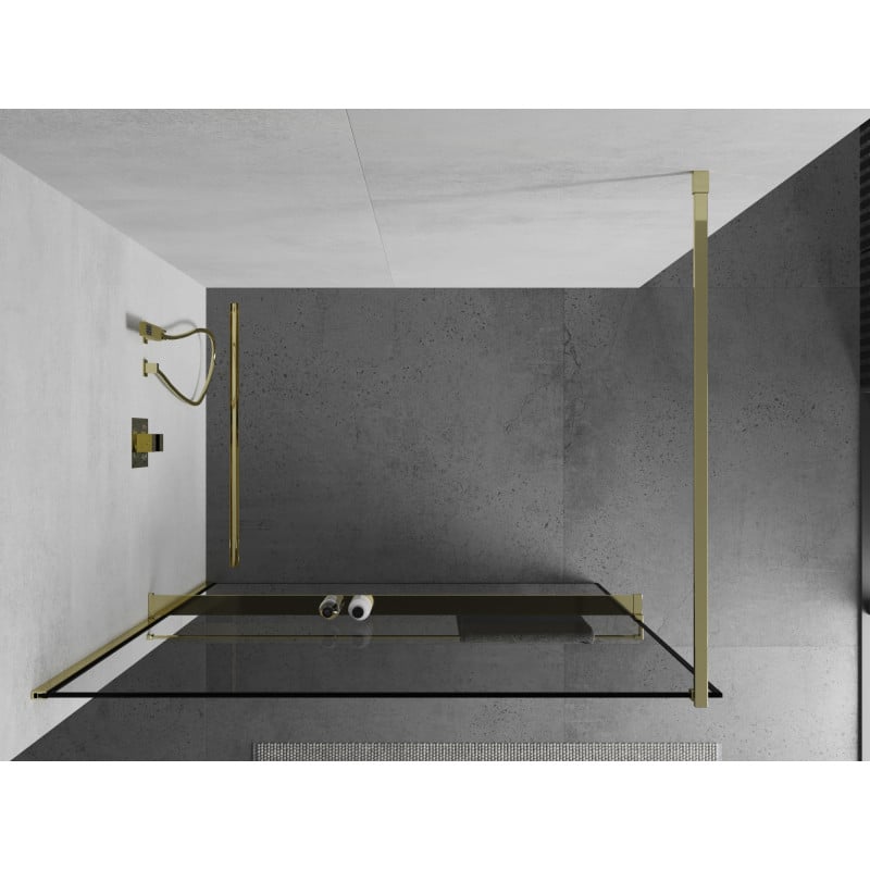 Mexen Kioto+ paroi de douche avec étagère Walk-in 100 x 200 cm, cadre noir, doré - 800-100-121-50-70
