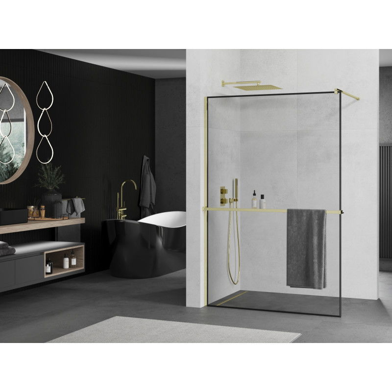 Mexen Kioto+ paroi de douche avec étagère Walk-in 110 x 200 cm, cadre noir, dorée - 800-110-121-50-70