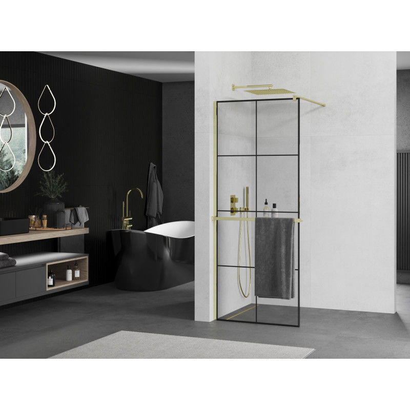 Mexen Kioto+ paroi de douche avec étagère Walk-in 70 x 200 cm, grille noire, dorée - 800-070-121-50-77