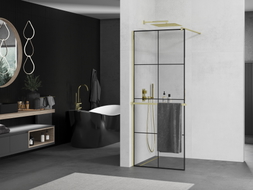Mexen Kioto+ paroi de douche avec étagère Walk-in 80 x 200 cm, carreau noir, or - 800-080-121-50-77
