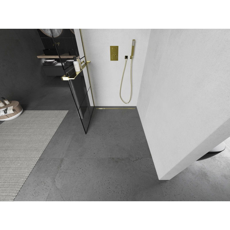 Mexen Kioto+ paroi de douche avec étagère Walk-in 90 x 200 cm, quadrillage noir, dorée - 800-090-121-50-77