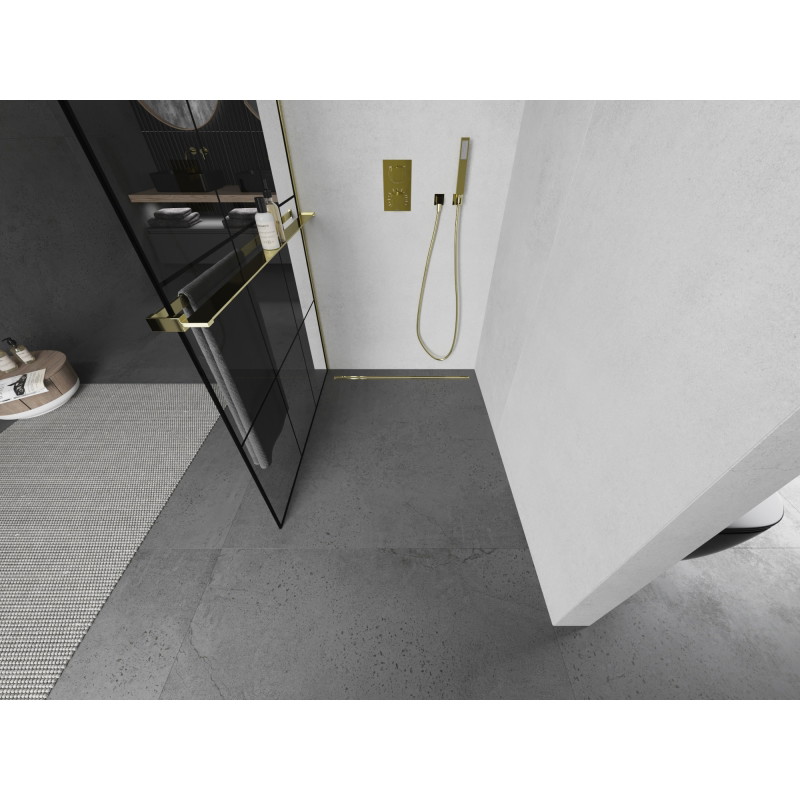 Mexen Kioto+ paroi de douche avec étagère Walk-in 100 x 200 cm, carreaux noirs, dorés - 800-100-121-50-77