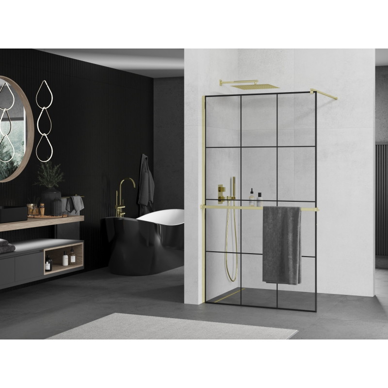 Mexen Kioto+ paroi de douche avec étagère Walk-in 100 x 200 cm, carreaux noirs, dorés - 800-100-121-50-77