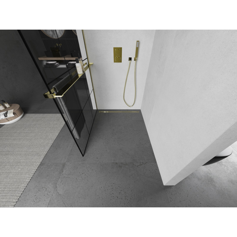 Mexen Kioto+ paroi de douche avec étagère Walk-in 110 x 200 cm, grille noire, dorée - 800-110-121-50-77