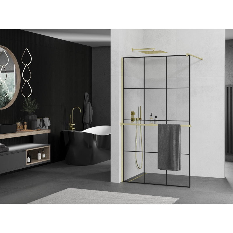 Mexen Kioto+ paroi de douche avec étagère Walk-in 110 x 200 cm, grille noire, dorée - 800-110-121-50-77