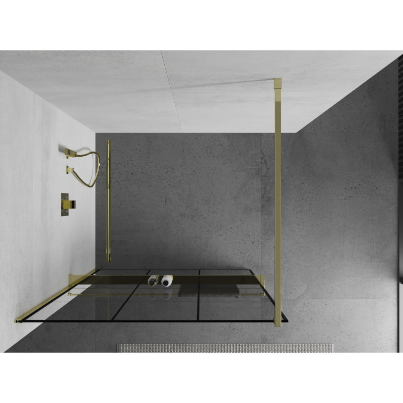 Mexen Kioto+ paroi de douche avec étagère Walk-in 110 x 200 cm, grille noire, dorée - 800-110-121-50-77