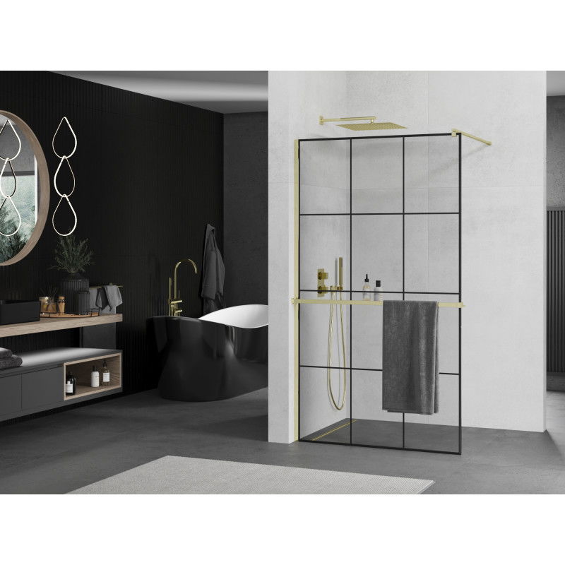 Mexen Kioto+ paroi de douche avec étagère Walk-in 120 x 200 cm, grille noire, or - 800-120-121-50-77