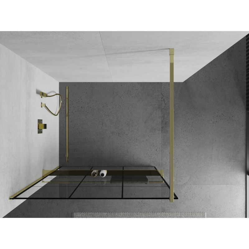 Mexen Kioto+ paroi de douche avec étagère Walk-in 120 x 200 cm, grille noire, or - 800-120-121-50-77