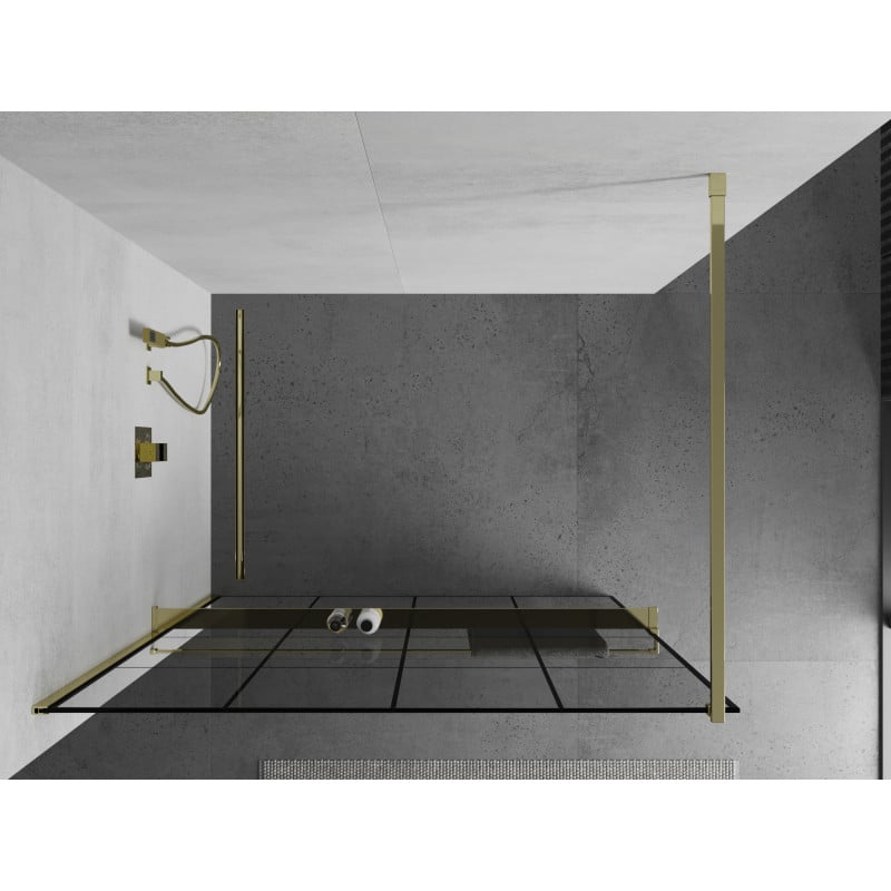 Mexen Kioto+ paroi de douche avec étagère Walk-in 130 x 200 cm, grille noire, dorée - 800-130-121-50-77