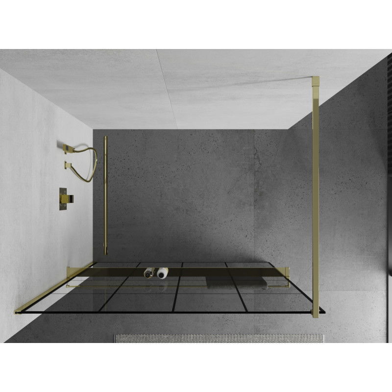Mexen Kioto+ paroi de douche avec étagère Walk-in 140 x 200 cm, grille noire, dorée - 800-140-121-50-77
