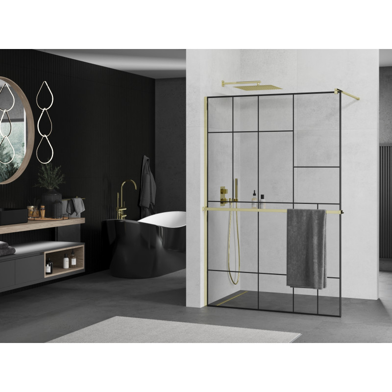 Mexen Kioto+ paroi de douche avec étagère Walk-in 70 x 200 cm, motif noir, or - 800-070-121-50-78