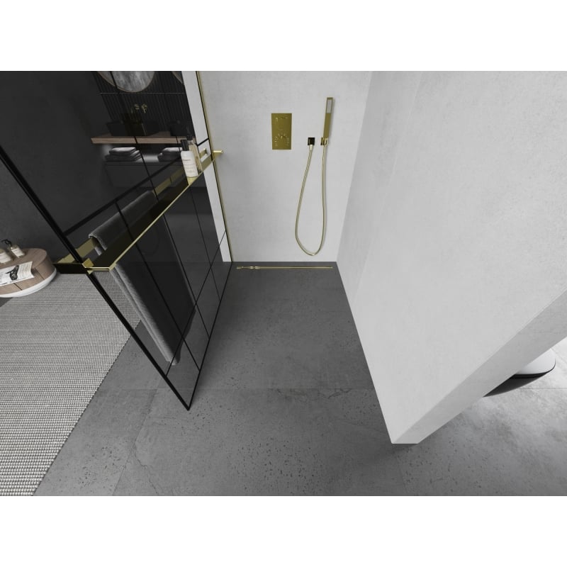 Mexen Kioto+ paroi de douche avec étagère Walk-in 90 x 200 cm, motif noir, or - 800-090-121-50-78