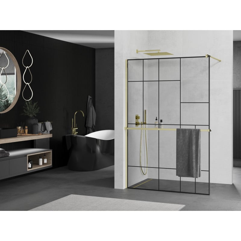 Mexen Kioto+ paroi de douche avec étagère Walk-in 140 x 200 cm, motif noir, or - 800-140-121-50-78