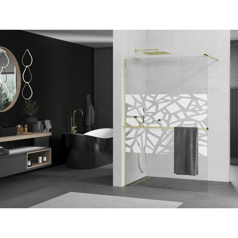 Mexen Kioto+ paroi de douche avec étagère Walk-in 130 x 200 cm, motif blanc, or - 800-130-121-50-85