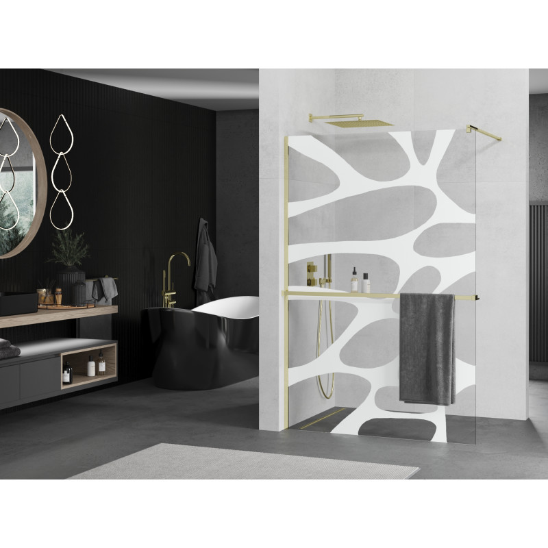 Mexen Kioto+ paroi de douche avec étagère Walk-in 90 x 200 cm, vague blanche, dorée - 800-090-121-50-97