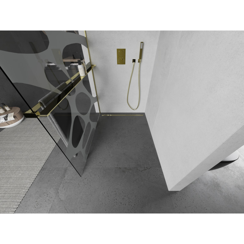Mexen Kioto+ paroi de douche avec étagère Walk-in 100 x 200 cm, vague blanche, or - 800-100-121-50-97