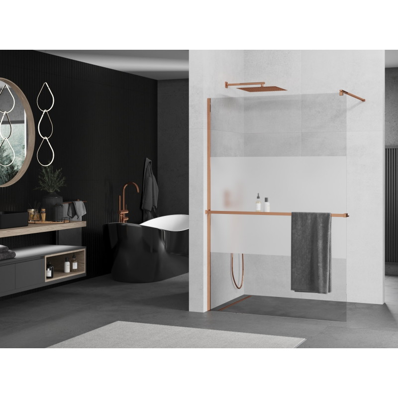 Mexen Kioto+ paroi de douche avec étagère Walk-in 100 x 200 cm, transparent/verre dépoli, or rose - 800-100-121-60-35