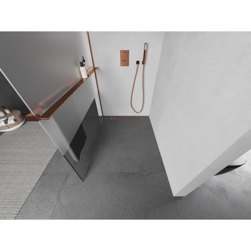 Mexen Kioto+ paroi de douche avec étagère Walk-in 110 x 200 cm, transparent/verre dépoli, or rose - 800-110-121-60-35