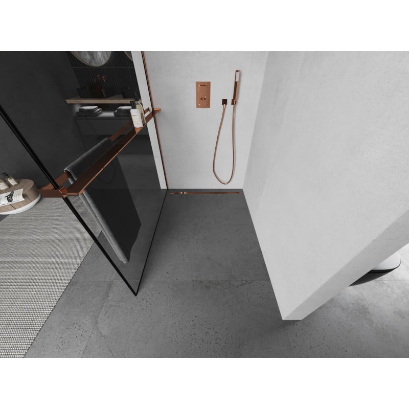 Mexen Kioto+ Paroi de douche avec étagère Walk-in 120 x 200 cm, cadre noir, or rose - 800-120-121-60-70