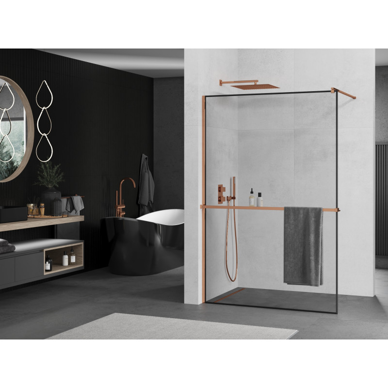 Mexen Kioto+ paroi de douche avec étagère Walk-in 130 x 200 cm, cadre noir, or rose - 800-130-121-60-70