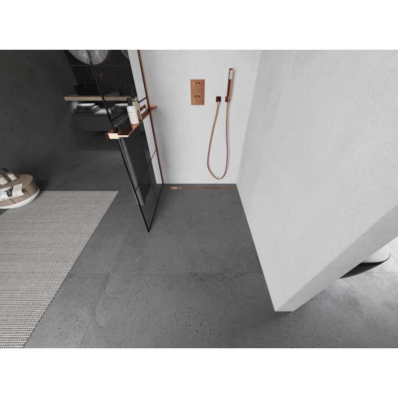 Mexen Kioto+ paroi de douche avec étagère Walk-in 70 x 200 cm, grille noire, or rose - 800-070-121-60-77