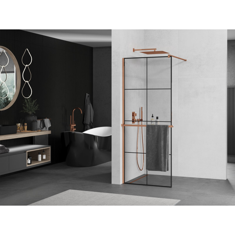 Mexen Kioto+ paroi de douche avec étagère Walk-in 70 x 200 cm, grille noire, or rose - 800-070-121-60-77