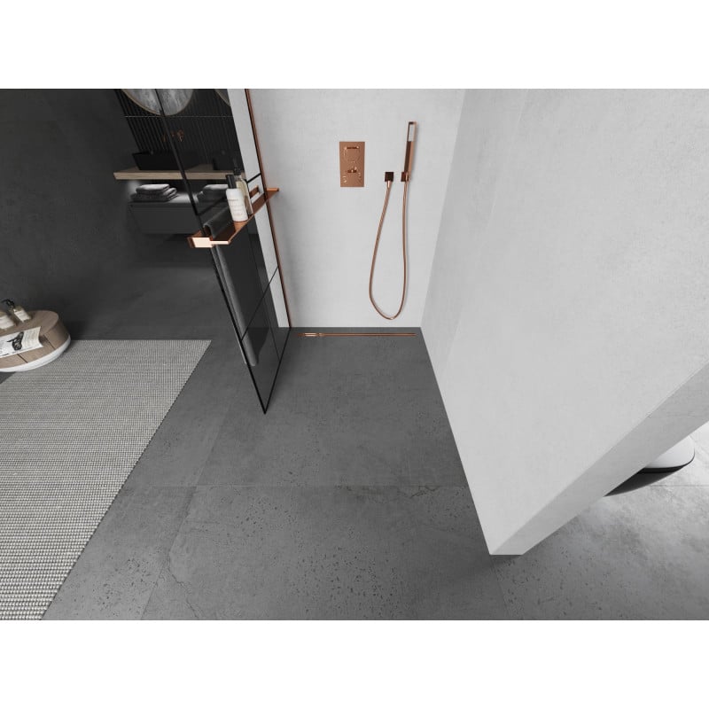 Mexen Kioto+ paroi de douche avec étagère Walk-in 90 x 200 cm, grille noire, or rose - 800-090-121-60-77