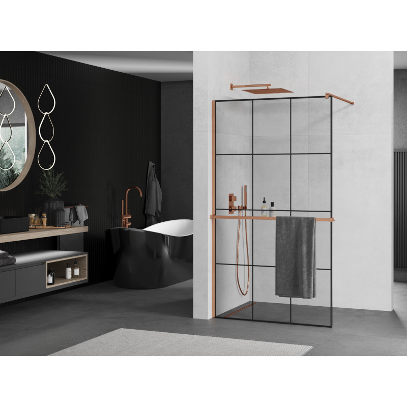 Mexen Kioto+ Paroi de douche avec étagère Walk-in 100 x 200 cm, grille noire, or rose - 800-100-121-60-77