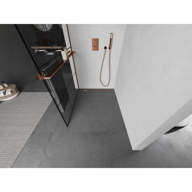 Mexen Kioto+ paroi de douche avec étagère Walk-in 110 x 200 cm, grille noire, or rose - 800-110-121-60-77