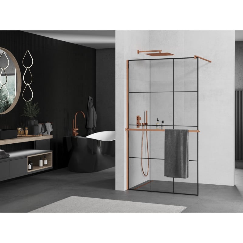 Mexen Kioto+ paroi de douche avec étagère Walk-in 110 x 200 cm, grille noire, or rose - 800-110-121-60-77