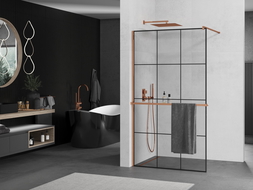 Mexen Kioto+ paroi de douche avec étagère Walk-in 120 x 200 cm, quadrillage noir, or rose - 800-120-121-60-77
