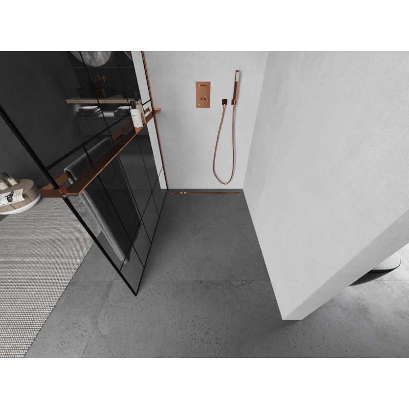 Mexen Kioto+ paroi de douche avec étagère Walk-in 70 x 200 cm, motif noir, or rose - 800-070-121-60-78