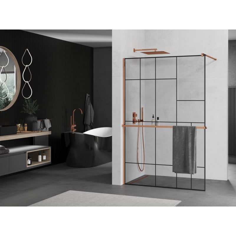 Mexen Kioto+ paroi de douche avec étagère Walk-in 110 x 200 cm, motif noir, or rose - 800-110-121-60-78