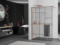 Paroi de Douche Mexen Kioto+ avec Étagère Walk-in 130 x 200 cm, motif noir, or rose - 800-130-121-60-78