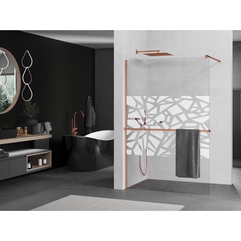 Mexen Kioto+ paroi de douche avec étagère Walk-in 100 x 200 cm, motif blanc, or rose - 800-100-121-60-85
