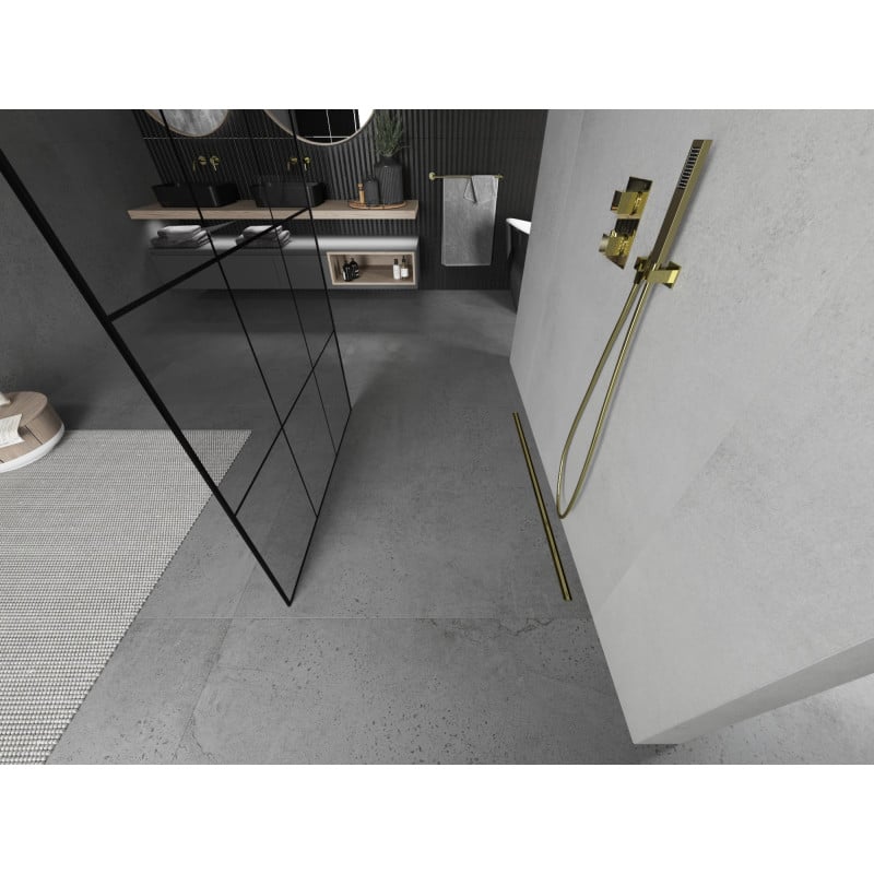 Mexen Kioto paroi de douche autoportante 110 x 200 cm, grille noire 8 mm, dorée - 800-110-002-50-77
