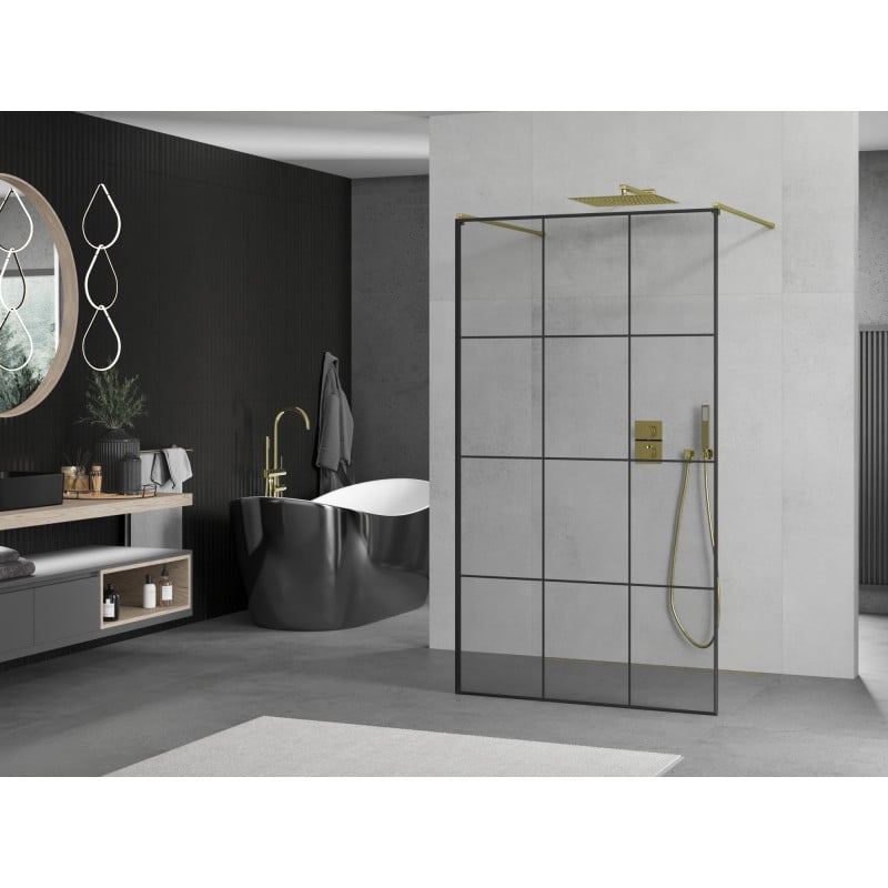 Mexen Kioto paroi de douche autoportante 110 x 200 cm, grille noire 8 mm, dorée - 800-110-002-50-77