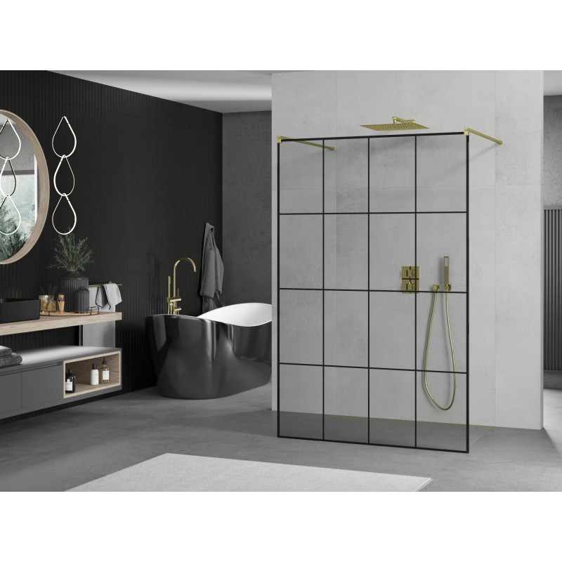 Mexen Kioto paroi de douche autoportante 140 x 200 cm, grille noire 8 mm, dorée - 800-140-002-50-77