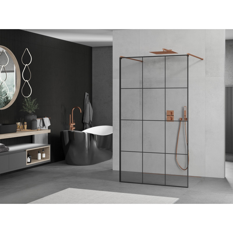 Mexen Kioto paroi de douche autoportante 110 x 200 cm, grille noire 8 mm, or rose - 800-110-002-60-77