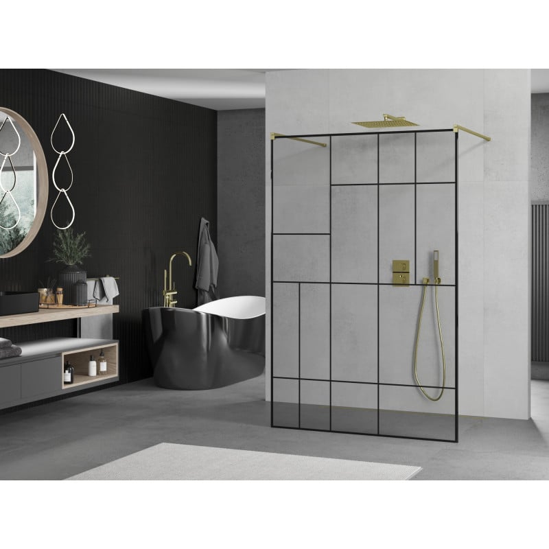 Mexen Kioto paroi de douche autoportante 140 x 200 cm, motif noir 8 mm, doré - 800-140-002-50-78